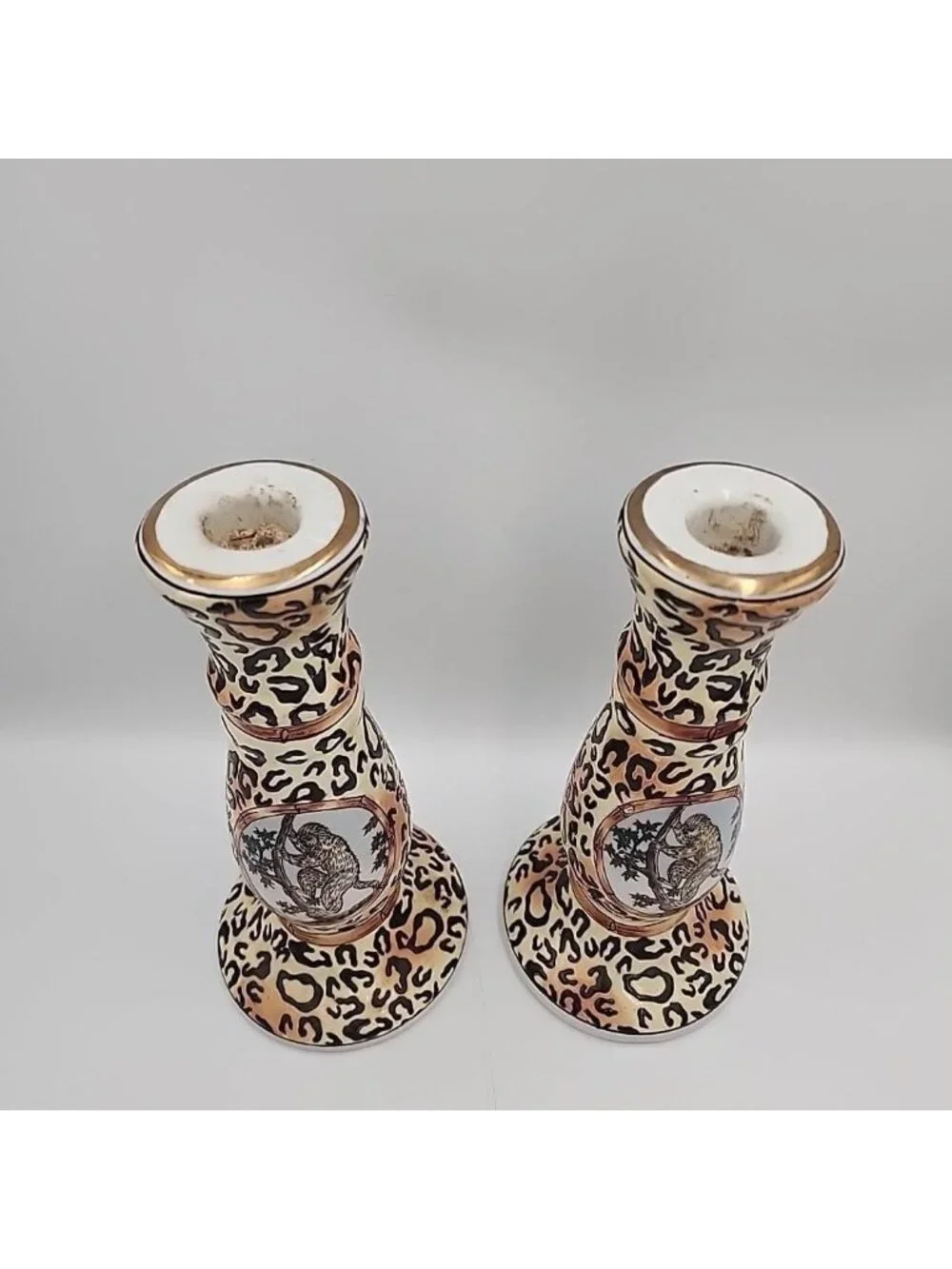 Vintage Monkey Animal Print Candlestick Holders Ceramic 9.5